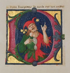 Bewohnter Initialbuchstabe D, der einen Narren darstellt (Aquarell & Gold auf Pergament)